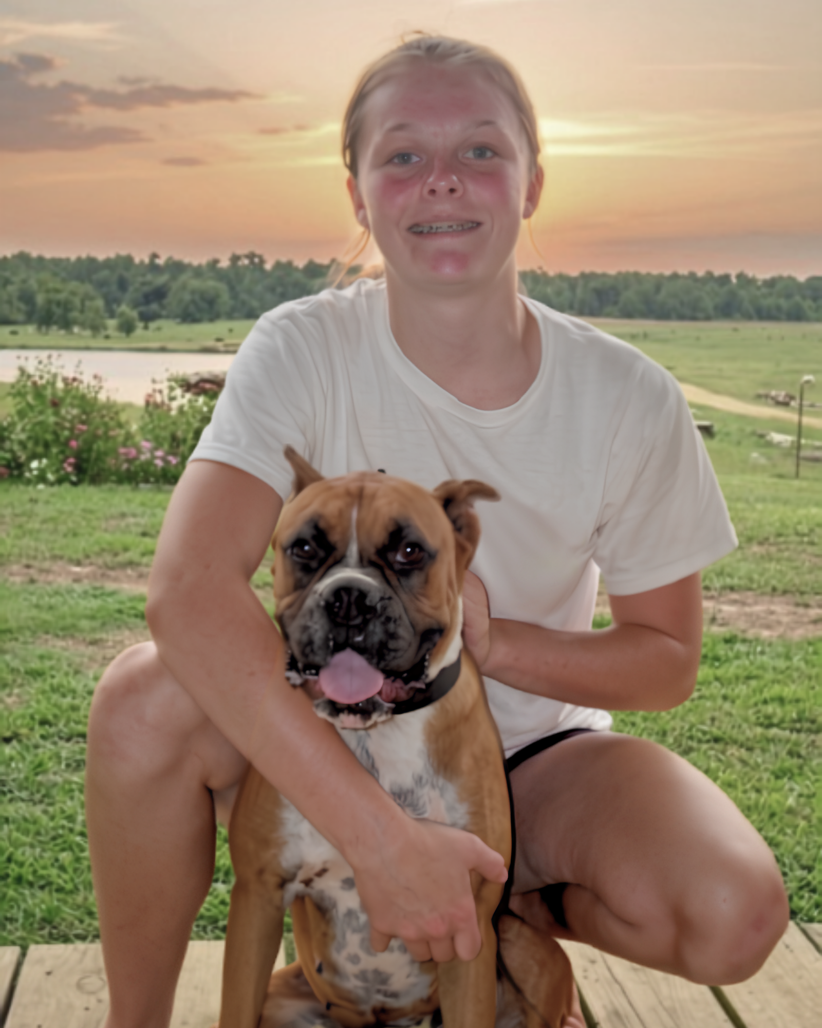 Karley sitting outdoors with Daisy